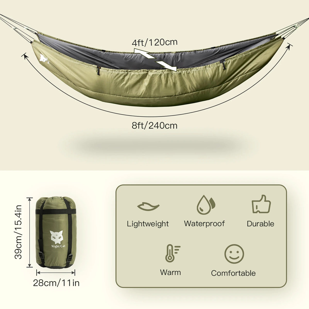 Night Cat Lightweight Insulated Camping Hammock Underquilt