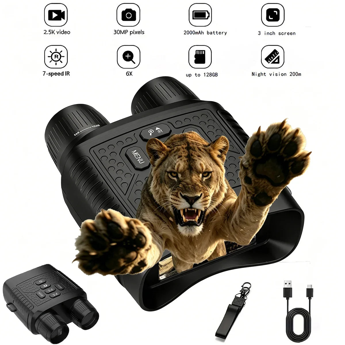 2.5K Night Vision Binoculars with 6X Zoom and Rechargeable Battery