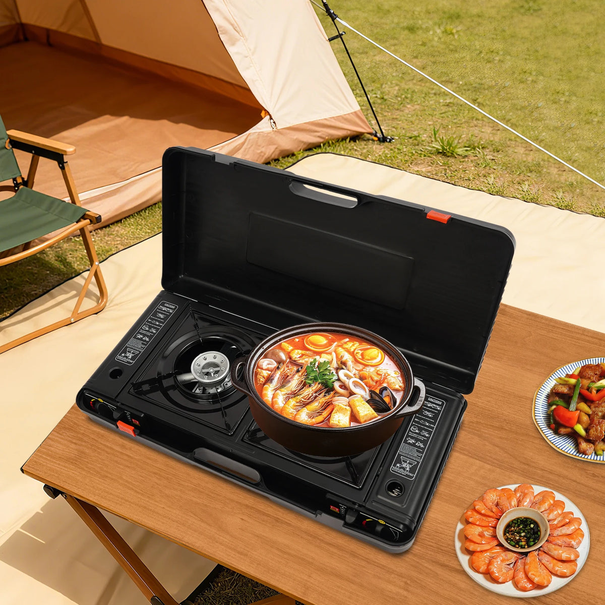 Double Burner Portable Gas Stove With Piezo Ignition And Case