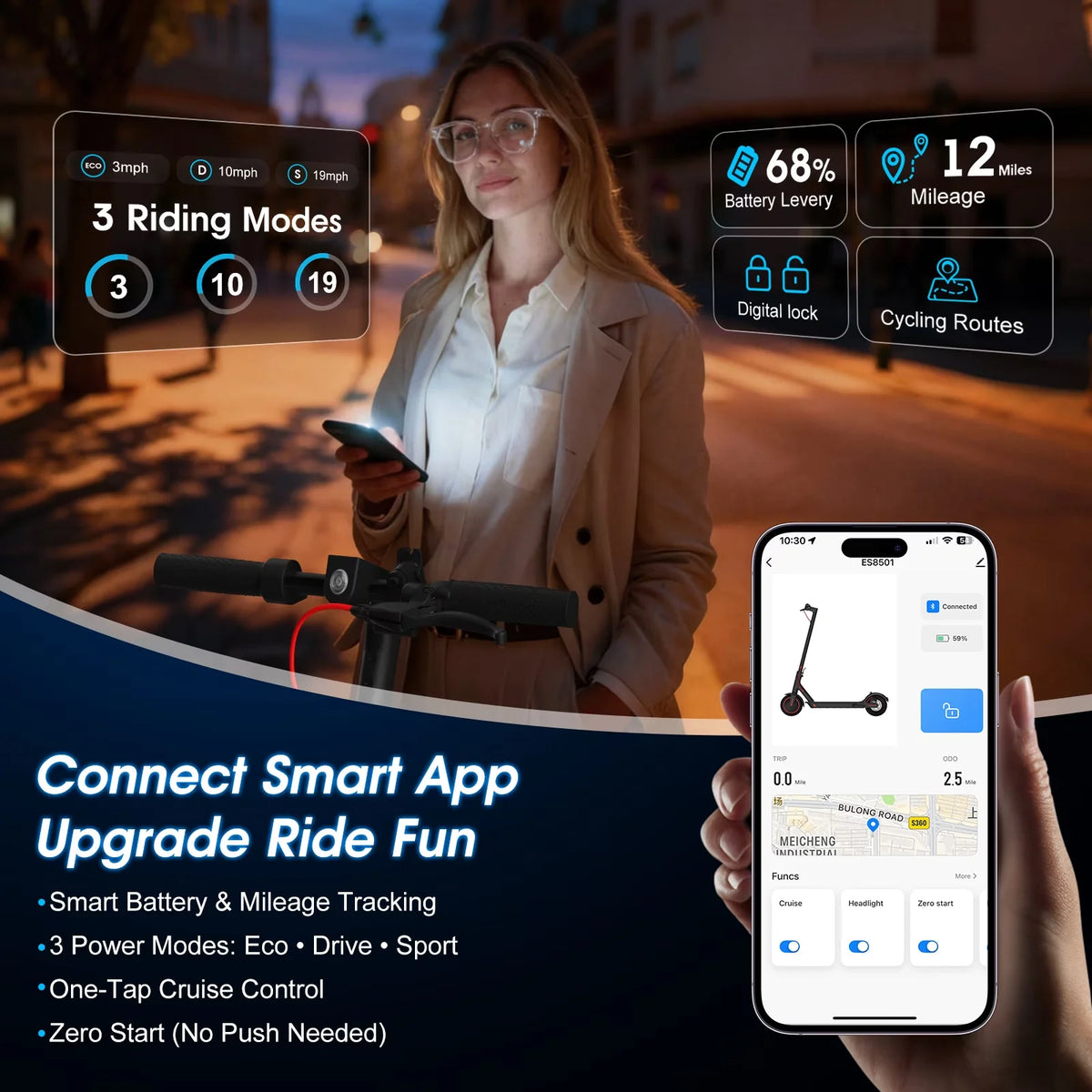 OBX Electric Scooter With App, Foldable Adult Commuter Scooter