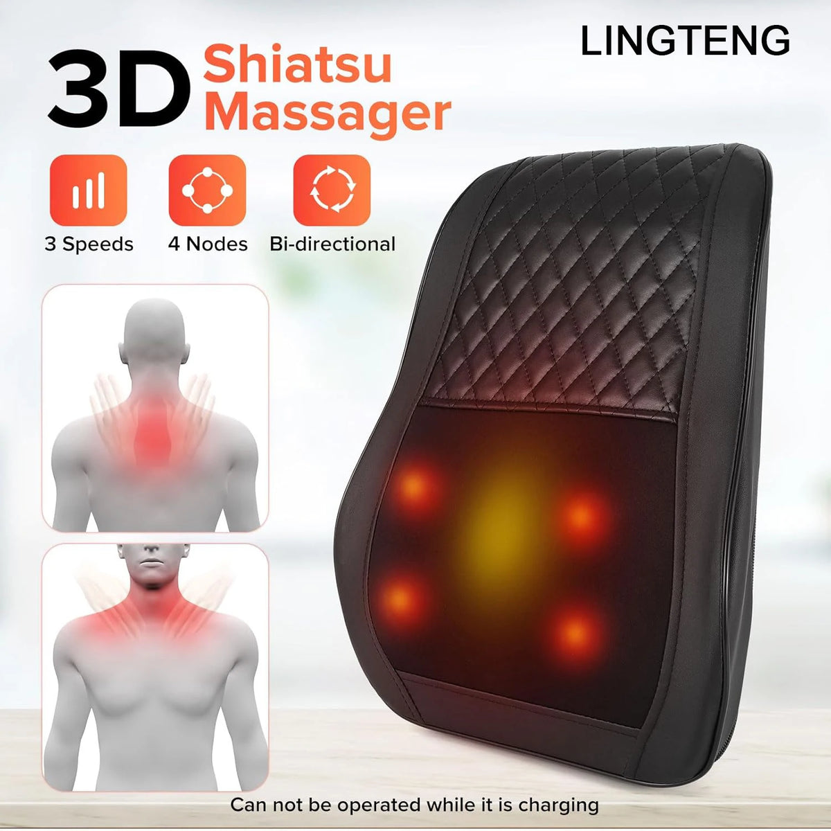LINGTENG 3D Heat Kneading Back Massager With USB Rechargeable Battery