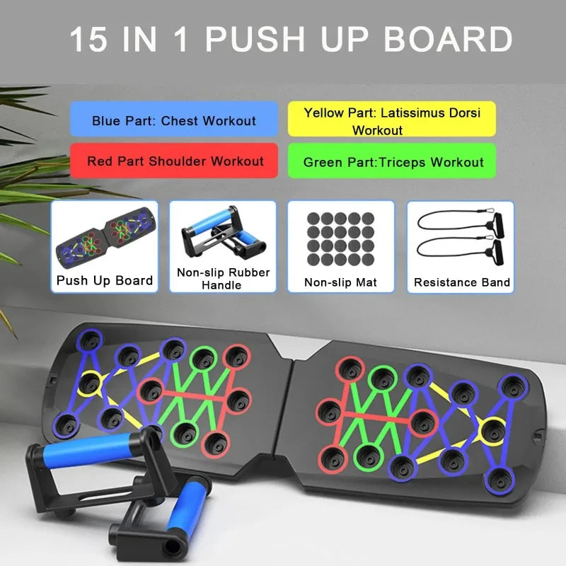 Foldable Push Up Board with Resistance Bands Multigrip Home Gym