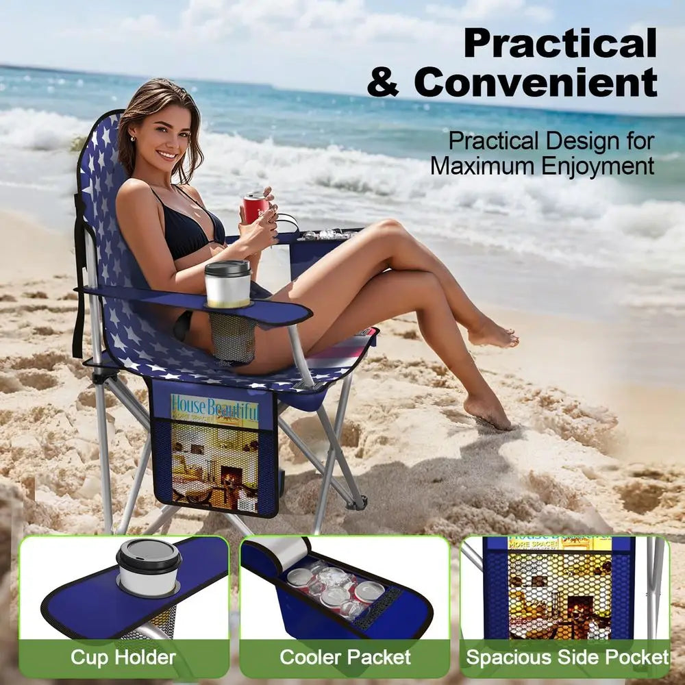 Portable Folding Camping Chair With Cooler Pouch And Cup Holder