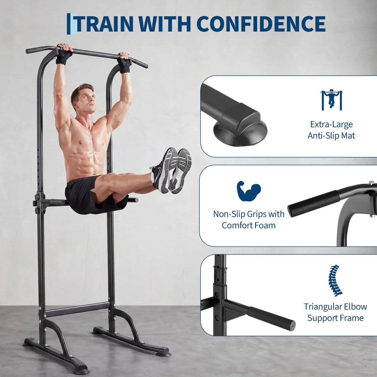 HiMISS Adjustable Power Tower Steel Frame Pull Up Dip Station