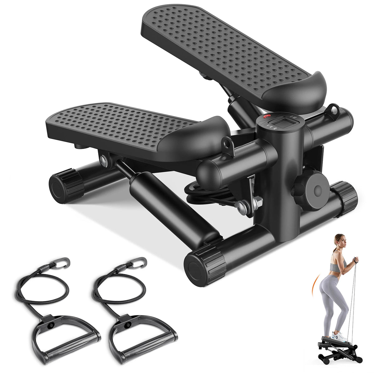 Hydraulic Mini Stepper With Resistance Bands LCD Monitor Home Cardio